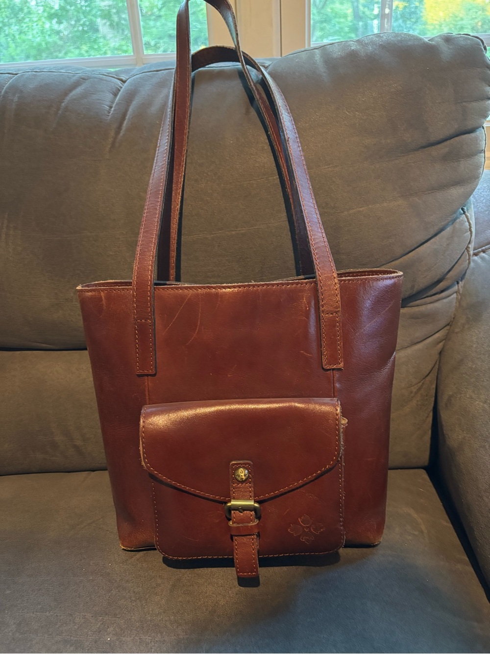 Patricia Nash Chestnut Brown Leather Tote with Front Buckle Pocket